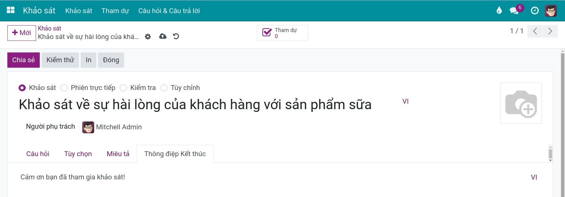 Thêm thông điệp kết thúc khảo sát