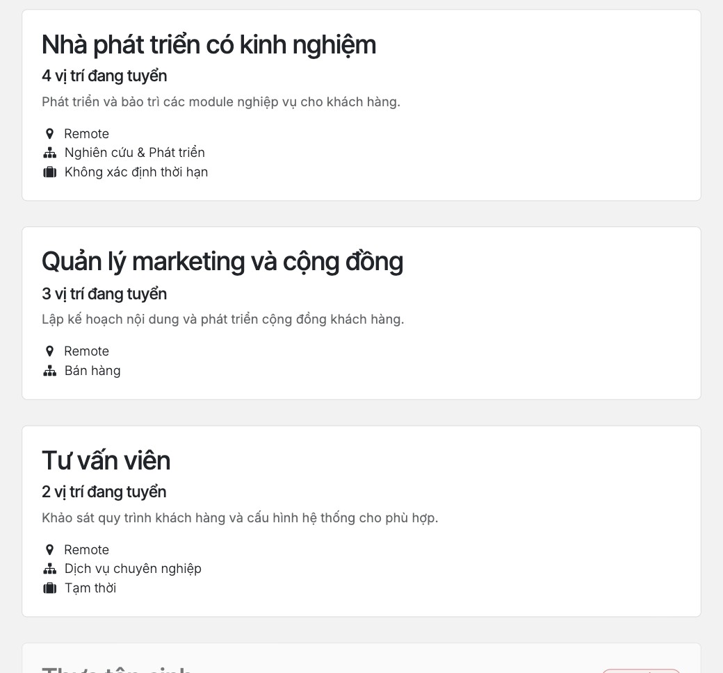 Trang Việc làm của website với các vị trí công việc đã đăng