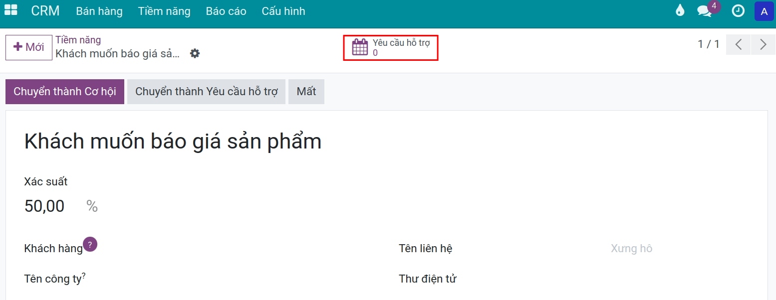 Truy cập thống kê yêu cầu hỗ trợ trên tiềm năng Viindoo