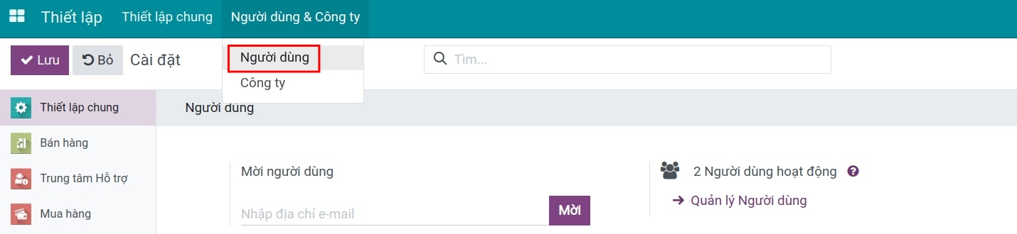 Truy cập người dùng tại phần mềm Viindoo