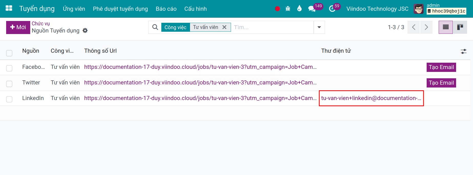 Tạo email cho nguồn tuyển dụng