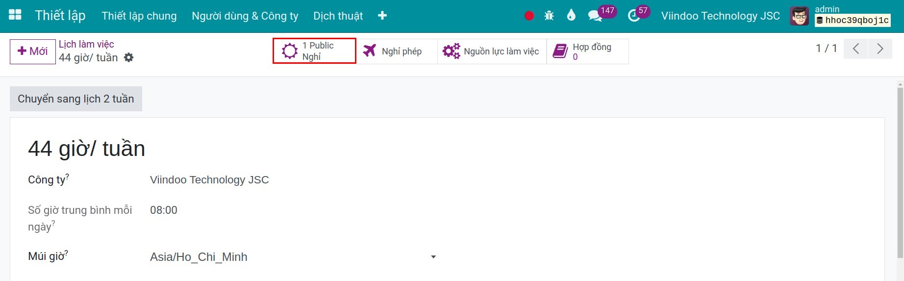 Nghỉ toàn cục lịch làm việc Viindoo
