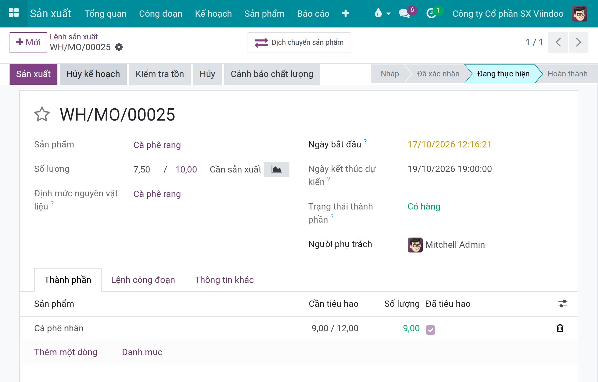 Lệnh sản xuất sau khi Đọc cân: Số lượng là 7,50 trên 10,00 và các thành phần thay đổi theo.