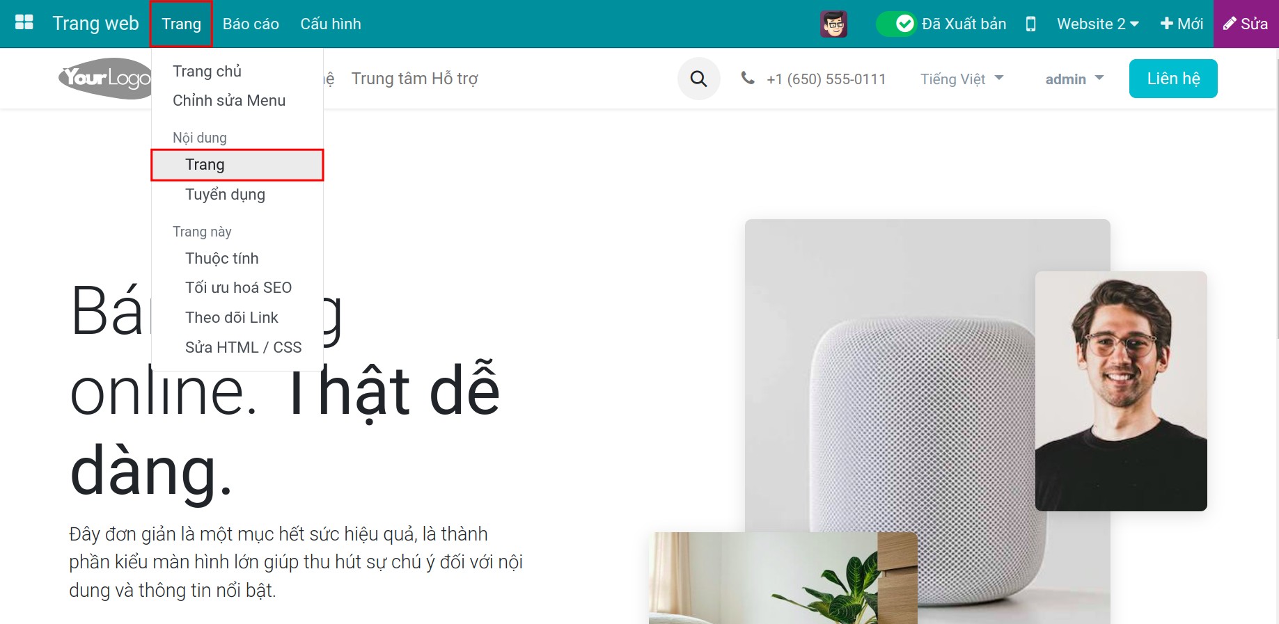 Quản lý trang web trong giao diện back-end
