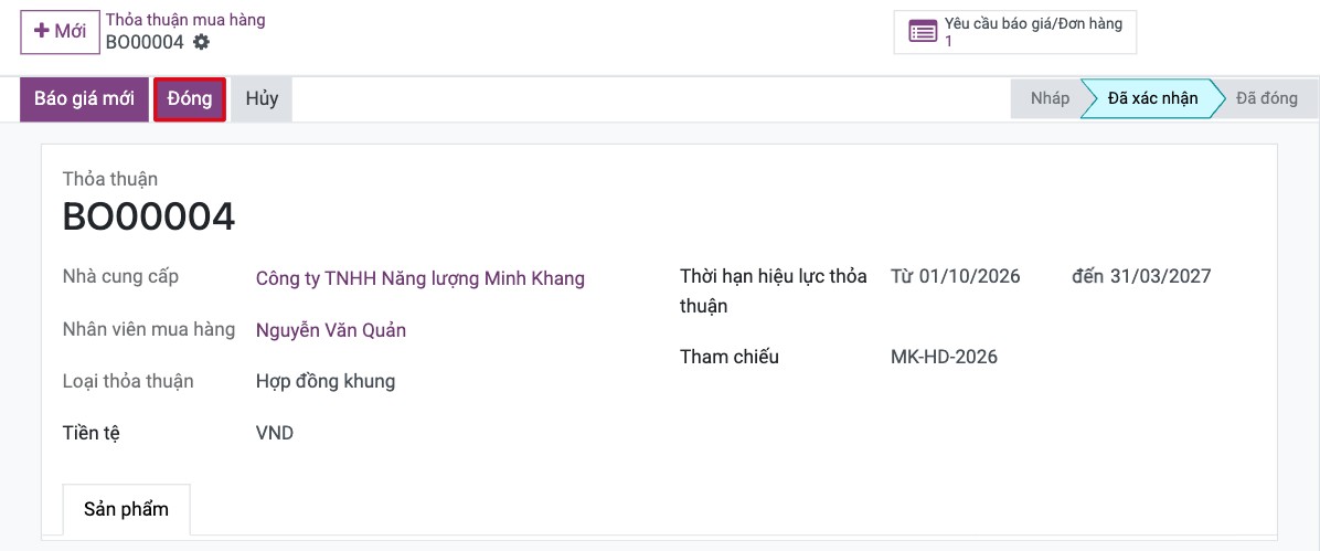 Nút Đóng trên hợp đồng khung đã xác nhận