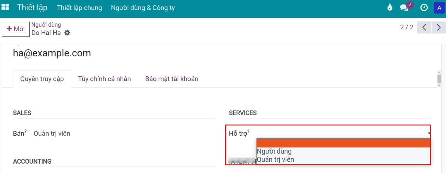 Phân quyền người dùng ứng dụng Trung tâm Hỗ trợ