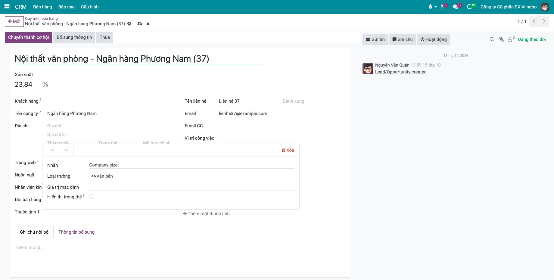 Thêm thuộc tính mới cho tiềm năng trong Viindoo CRM