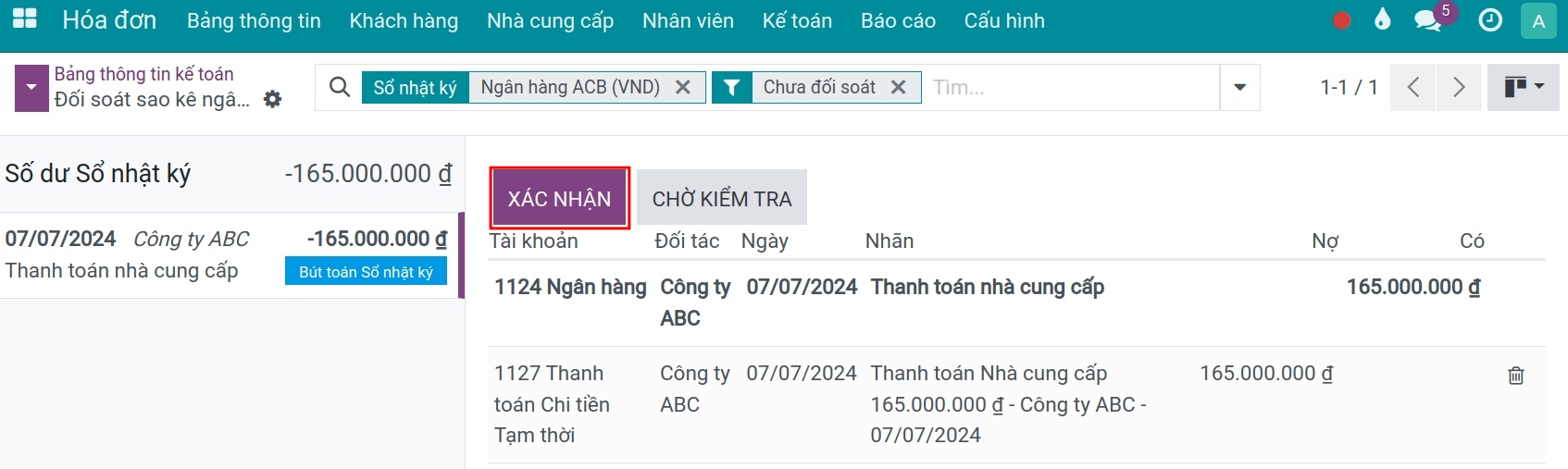 Đối soát sao kê ngân hàng - Phần mềm kế toán Viindoo
