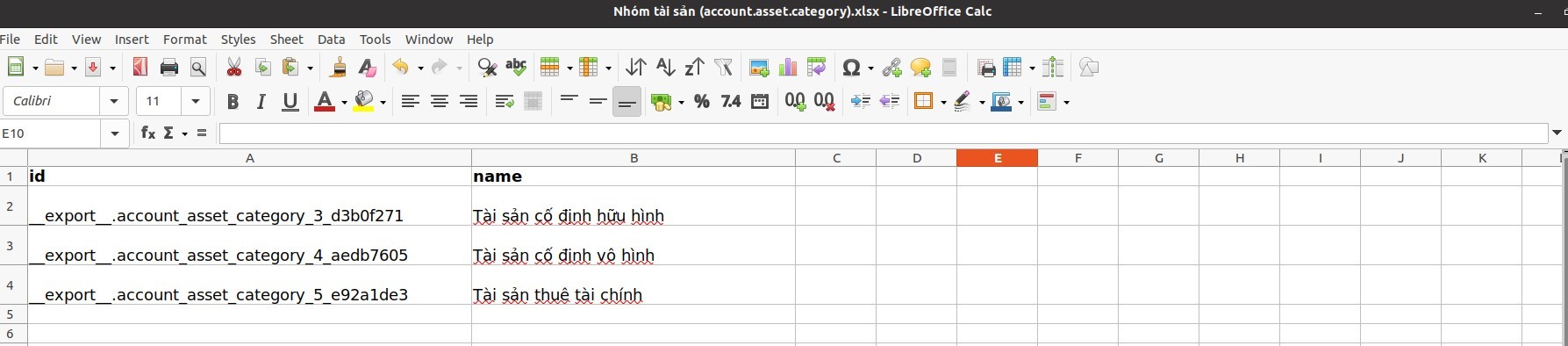 Giao diện xuất ID nhóm tài sản trên Excel