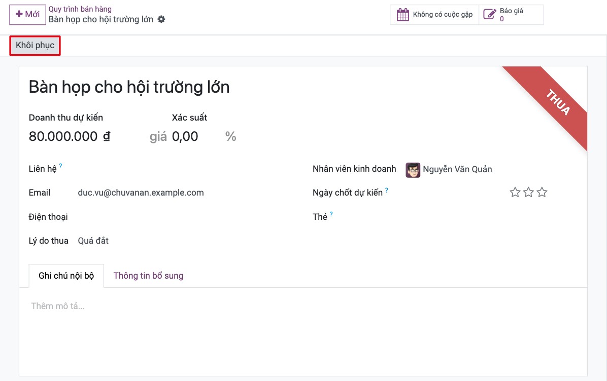 Nút Khôi phục trên cơ hội thua