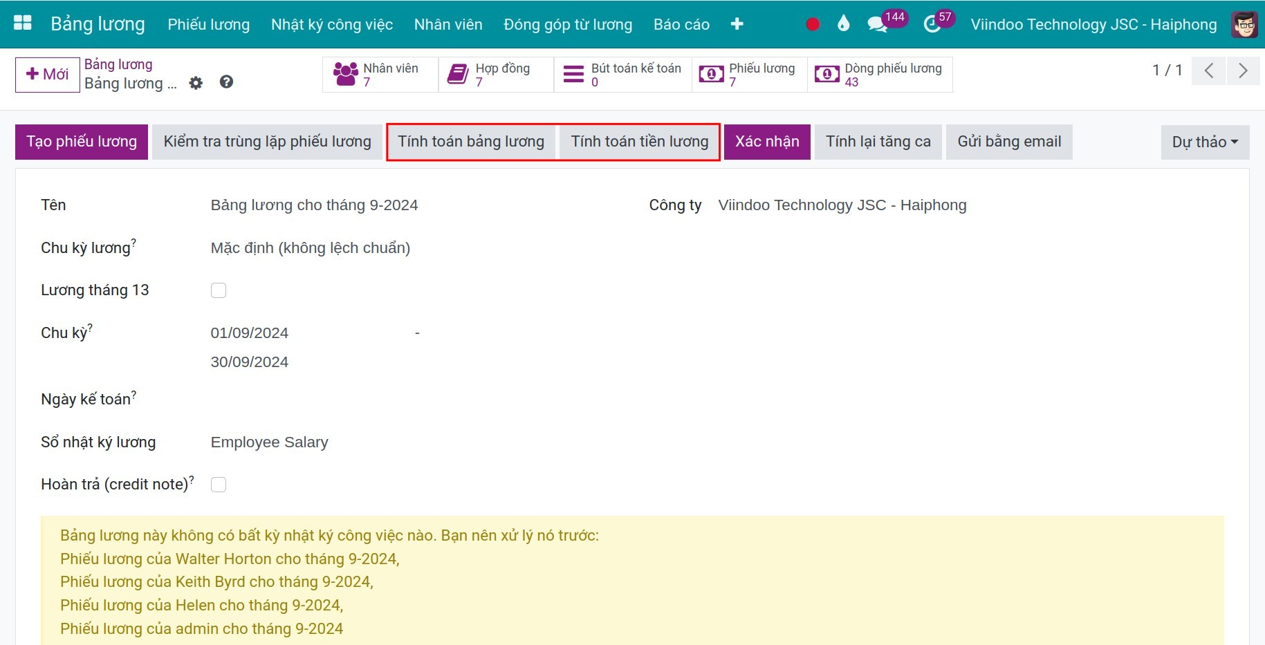 Giao diện chính của tạo bảng lương - Phần mềm quản lý tính lương Viindoo