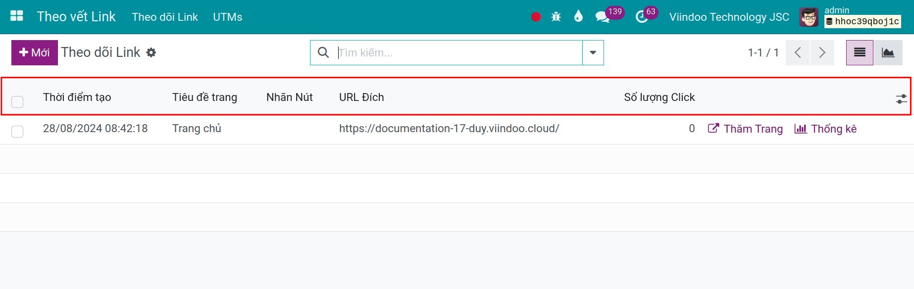 Thông tin và số lượng click của theo vết link