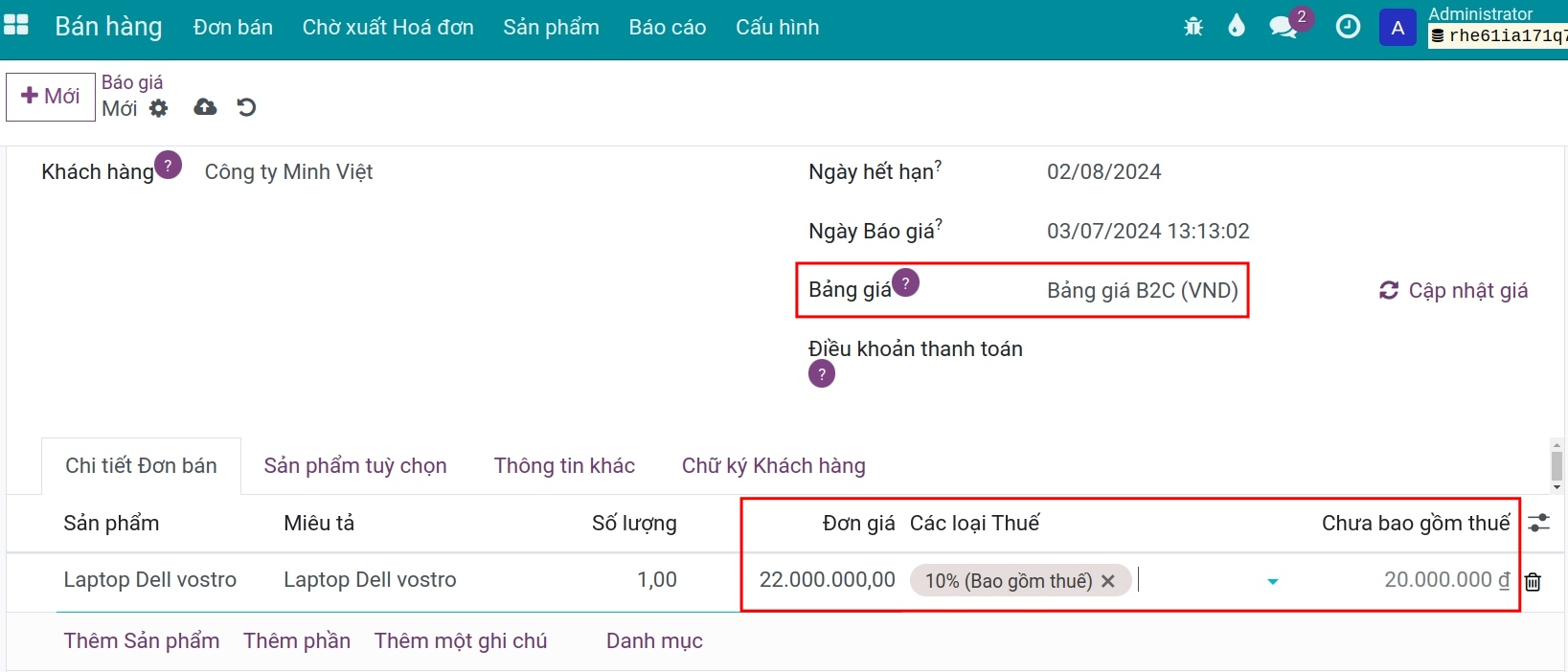 Đơn hàng có giá đã bao gồm thuế - Viindoo Accounting