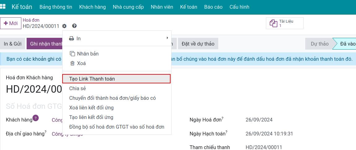 Tạo link thanh toán trực tiếp - Phần mềm kế toán Viindoo