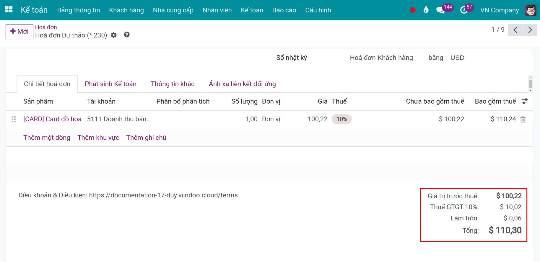hóa đơn sau khi áp dụng quy tắc làm tròn - Kế toán Viindoo