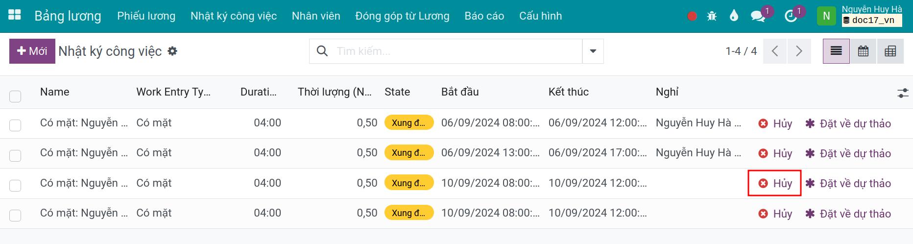Hủy nhật ký công việc