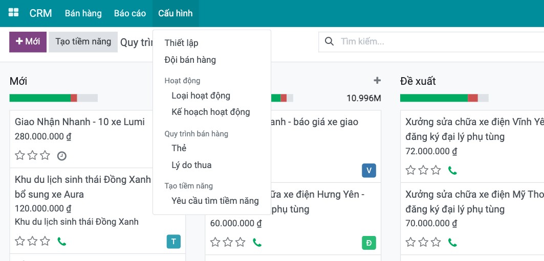 Menu Cấu hình của ứng dụng CRM Viindoo