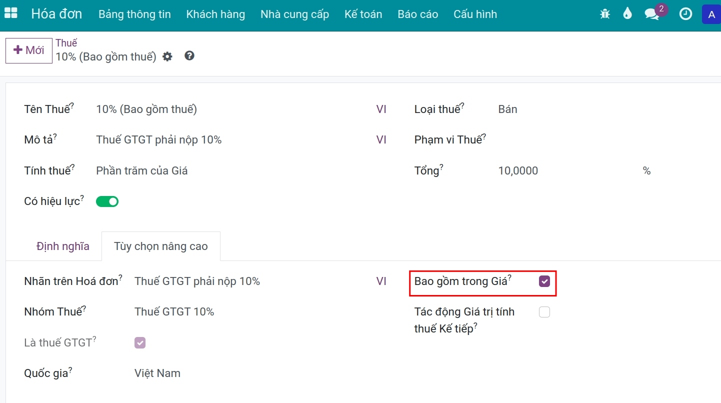 Thiết lập thuế đã bao gồm trong giá - Viindoo Accounting