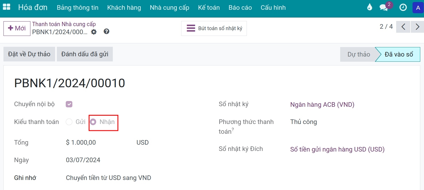 Giao dịch nhận tiền