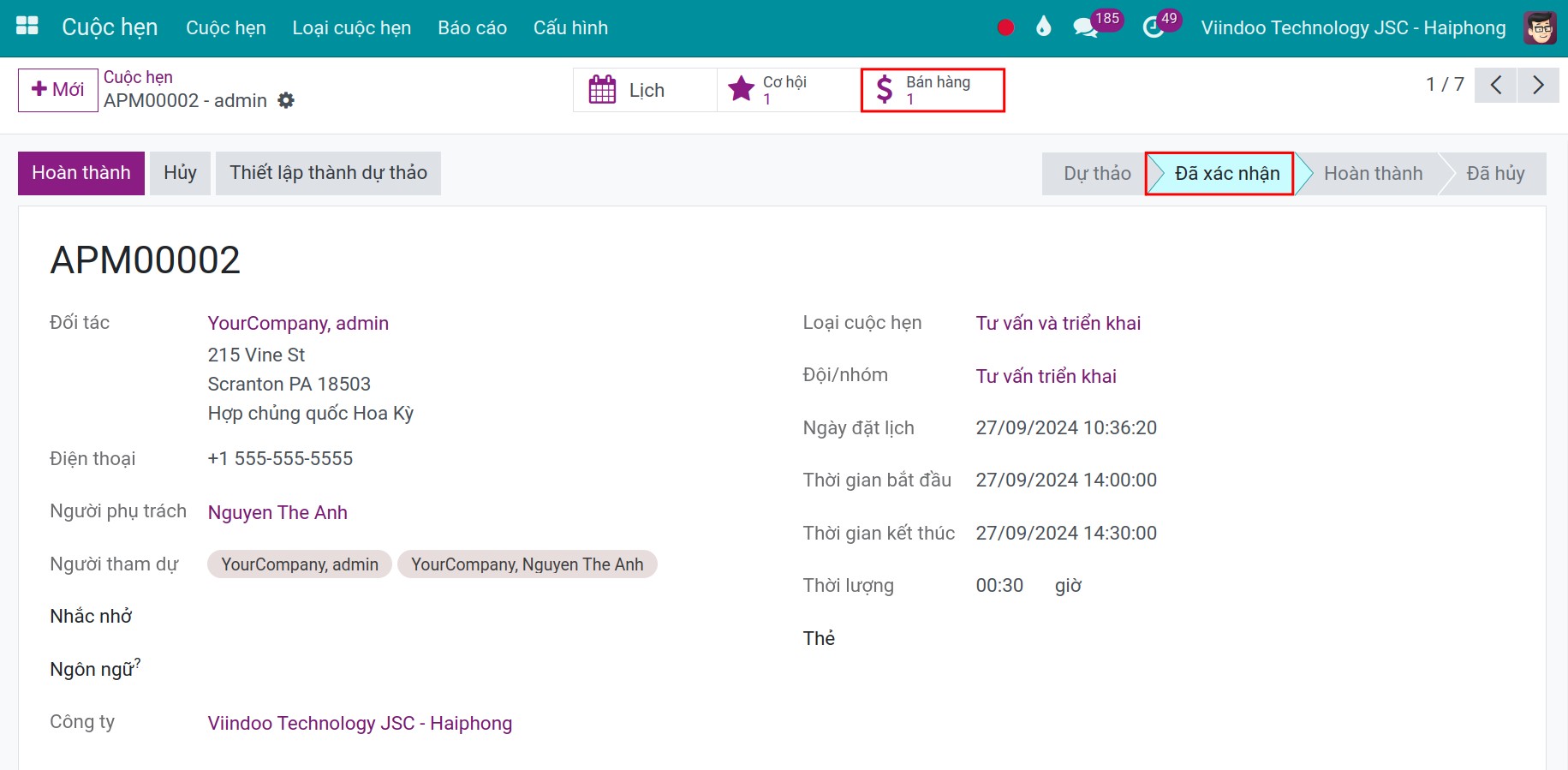 Báo giá, đơn bán tương ứng với lịch hẹn
