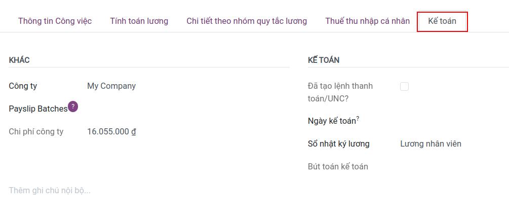 Tab thông tin kế toán trên phiếu lương Viindoo
