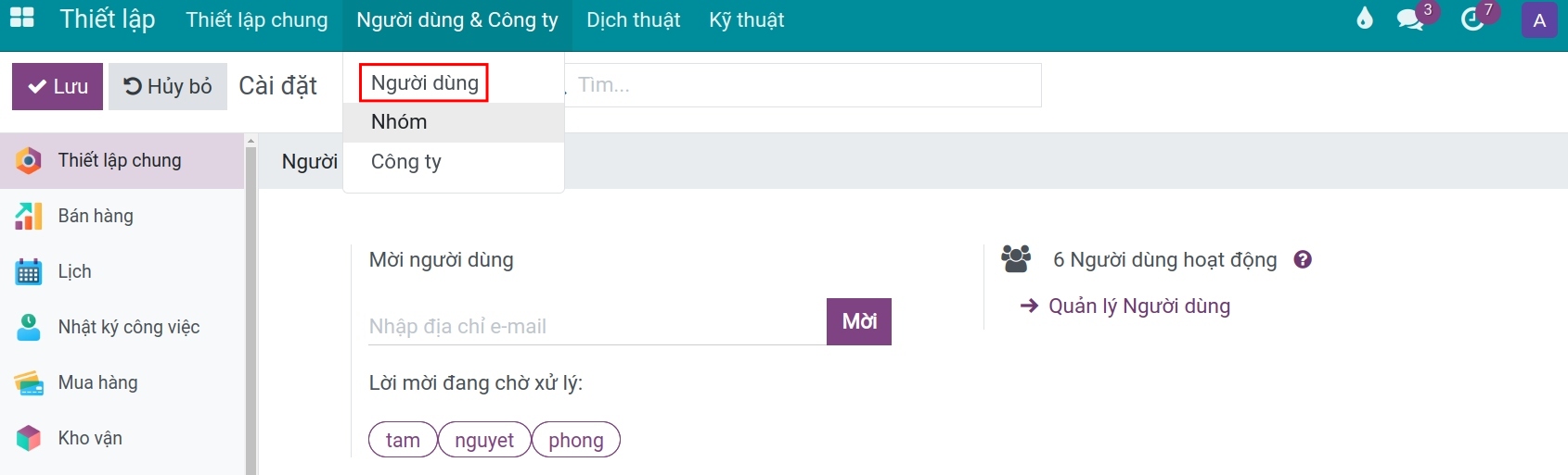 Truy cập Thiết lập Viindoo