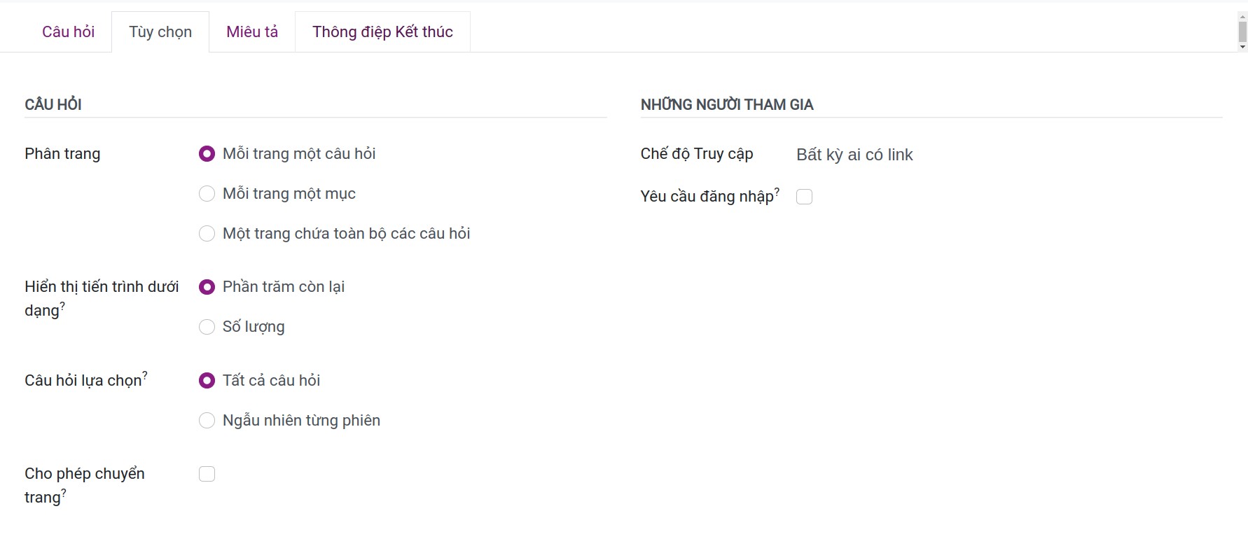 Tuỳ chọn bài kiểm tra trực tuyến