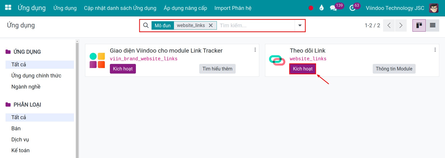 Cài đặt module Theo dõi Link
