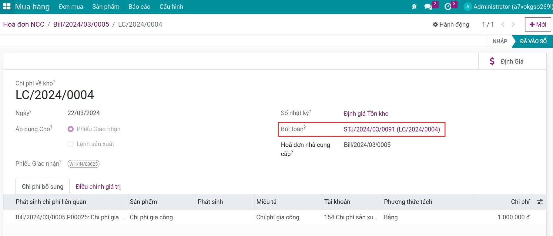 Bút toán liên quan tới phân bổ chi phí về kho