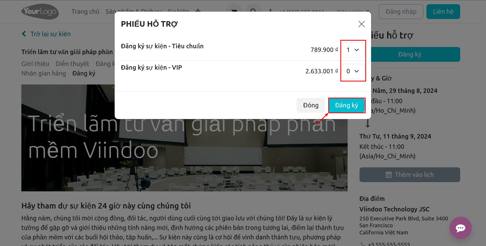 Tại đây, bạn nhập số lượng người tham dự sự kiện và thực hiện Đăng ký: