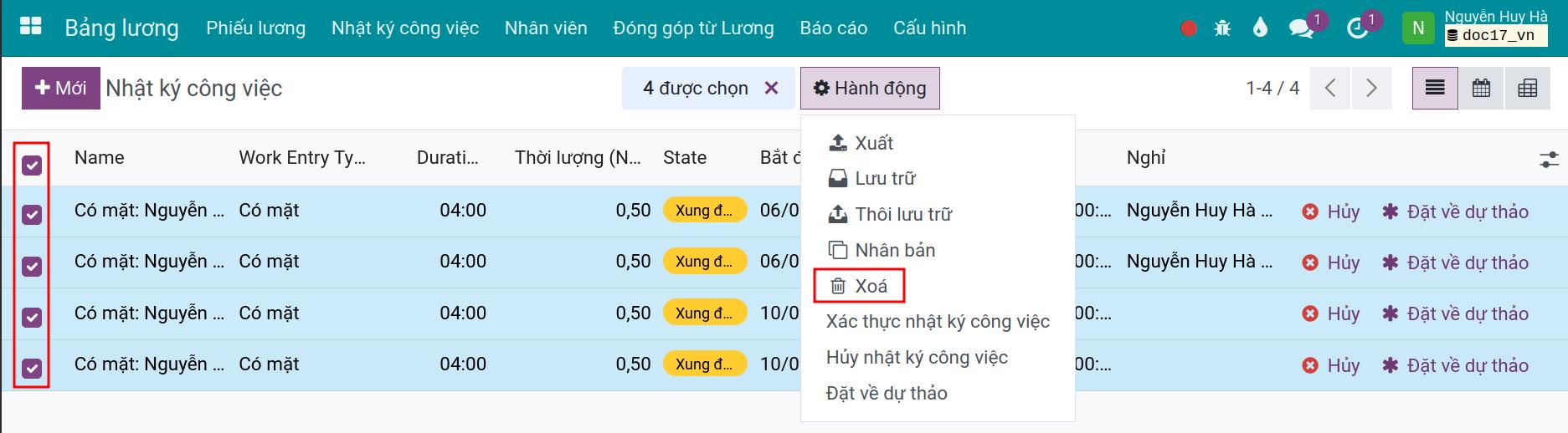 Xóa nhật ký công việc