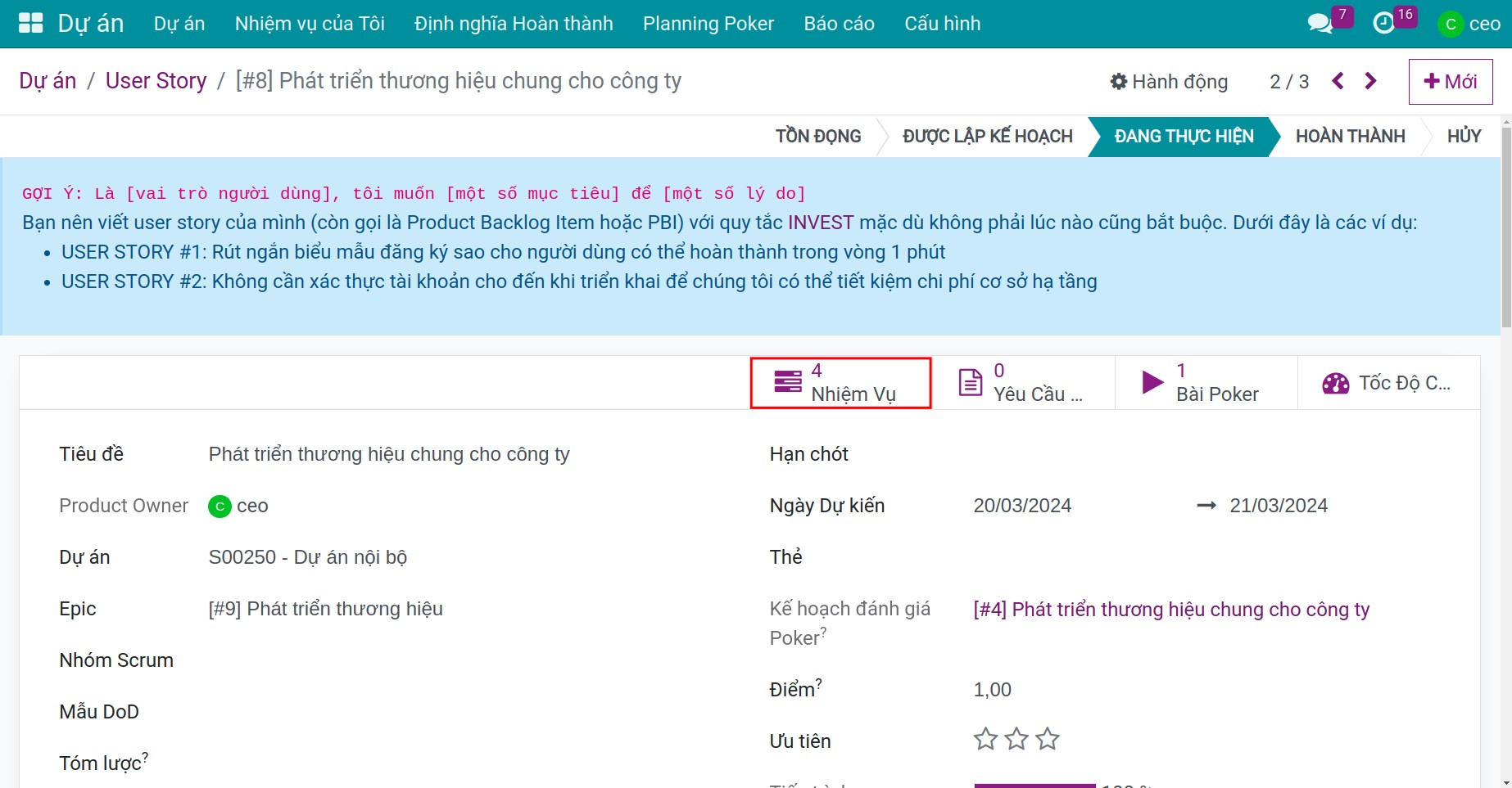 nhấn nút nhiệm vụ trên giao diện user story