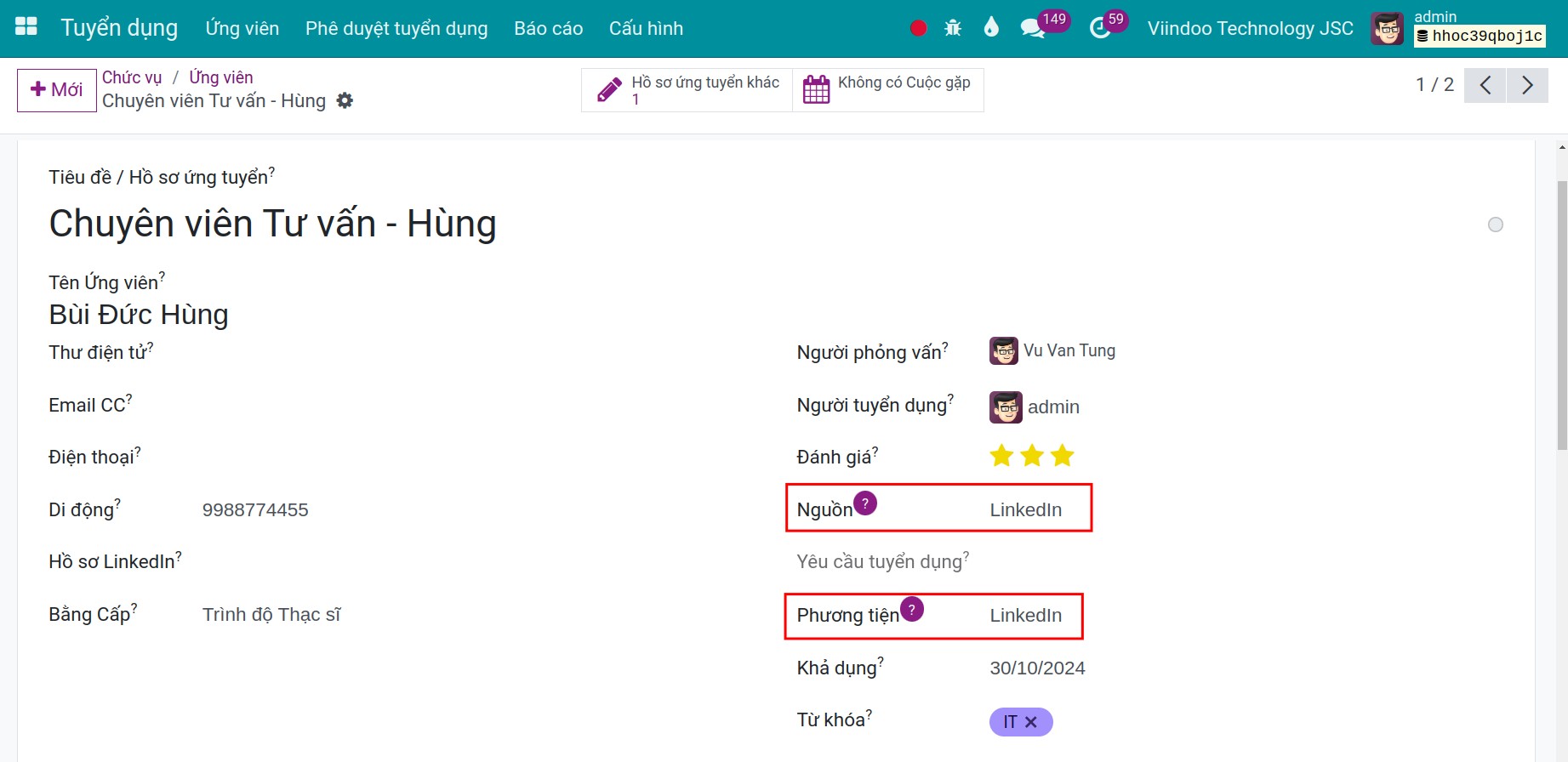 Nguồn trên hồ sơ ứng viên