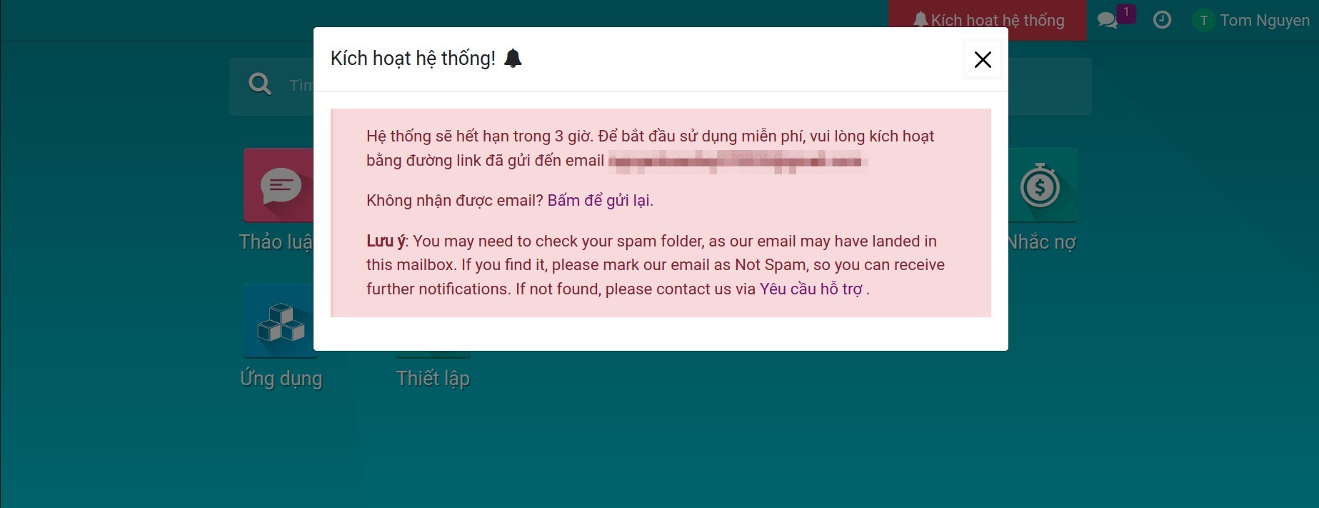 Thông báo kích hoạt hệ thống qua email