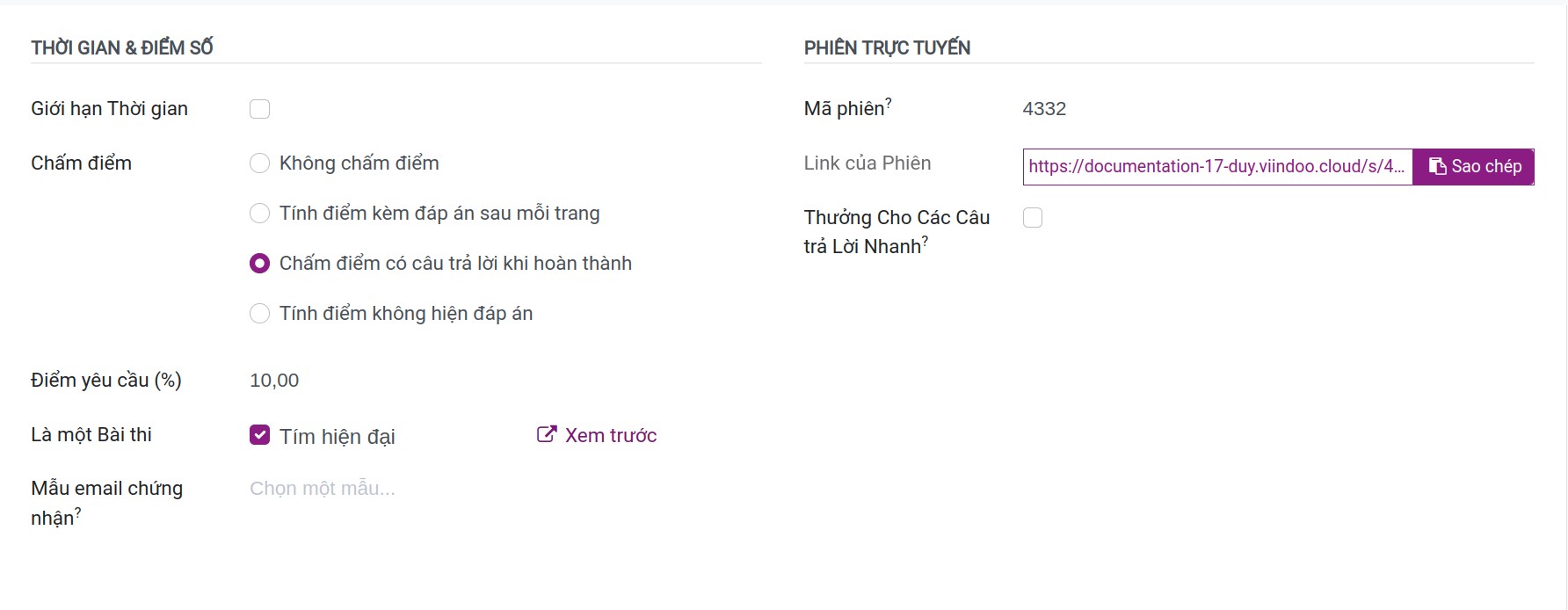 Tuỳ chọn bài kiểm tra trực tuyến