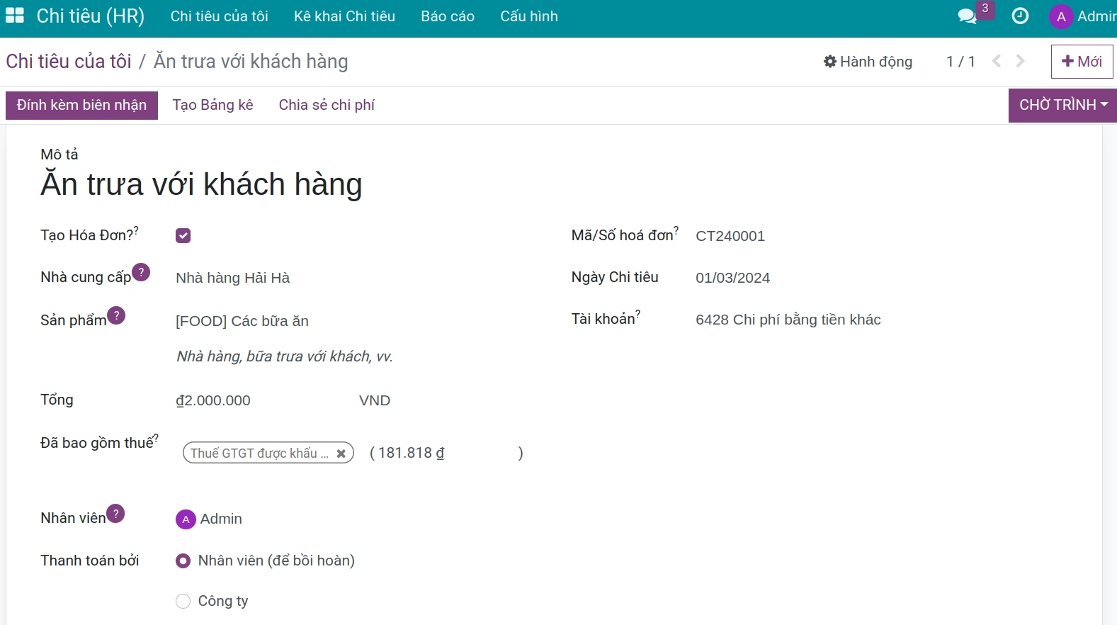 Thông tin chi tiết chi tiêu