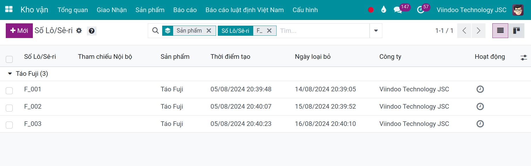 Các lô của một sản phẩm với ngày hết hạn và ngày rút khỏi kho khác nhau