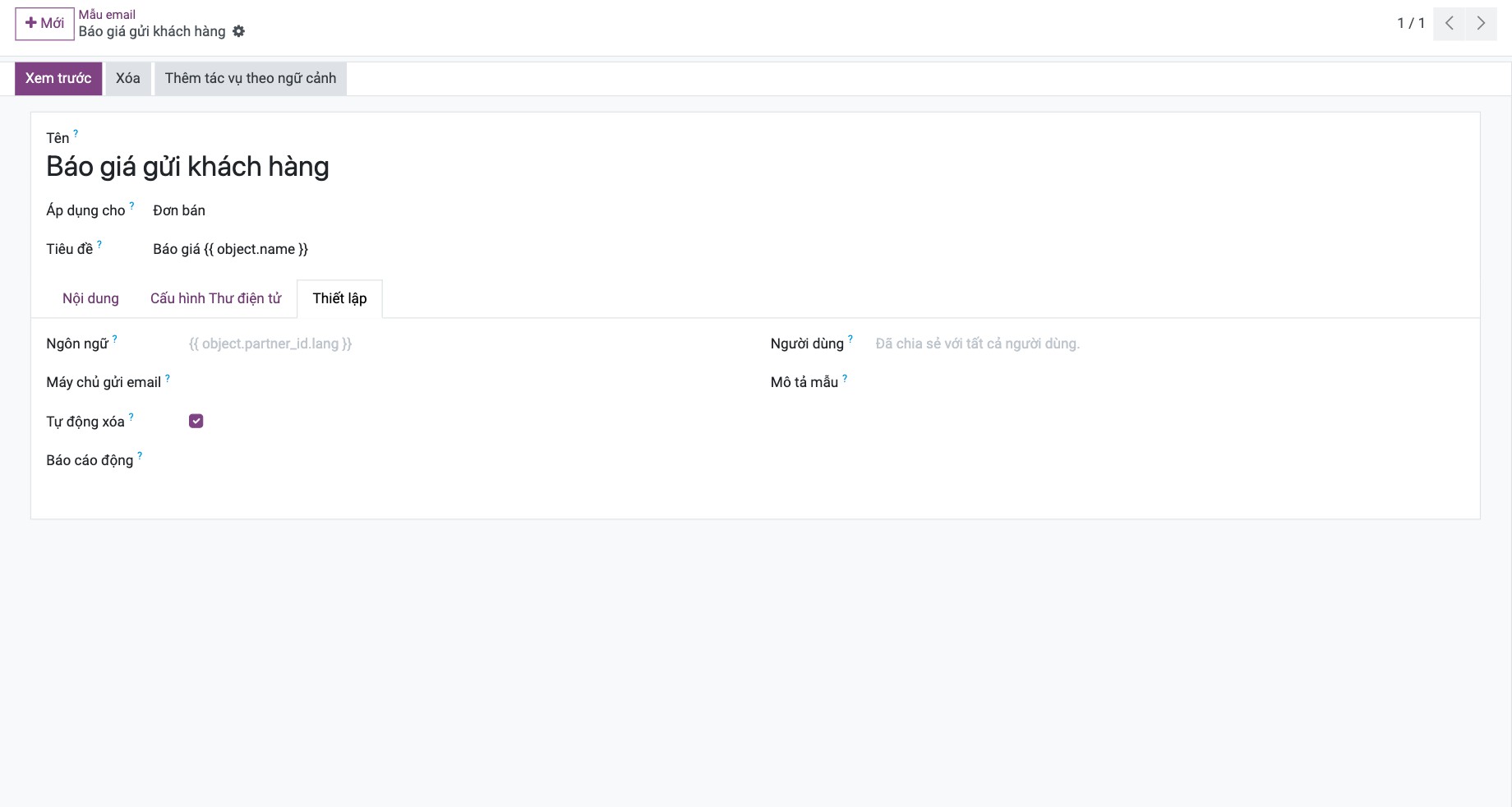 Tab Thiết lập của mẫu email