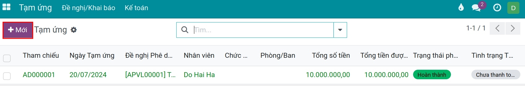 Tạo Đề nghị tạm ứng