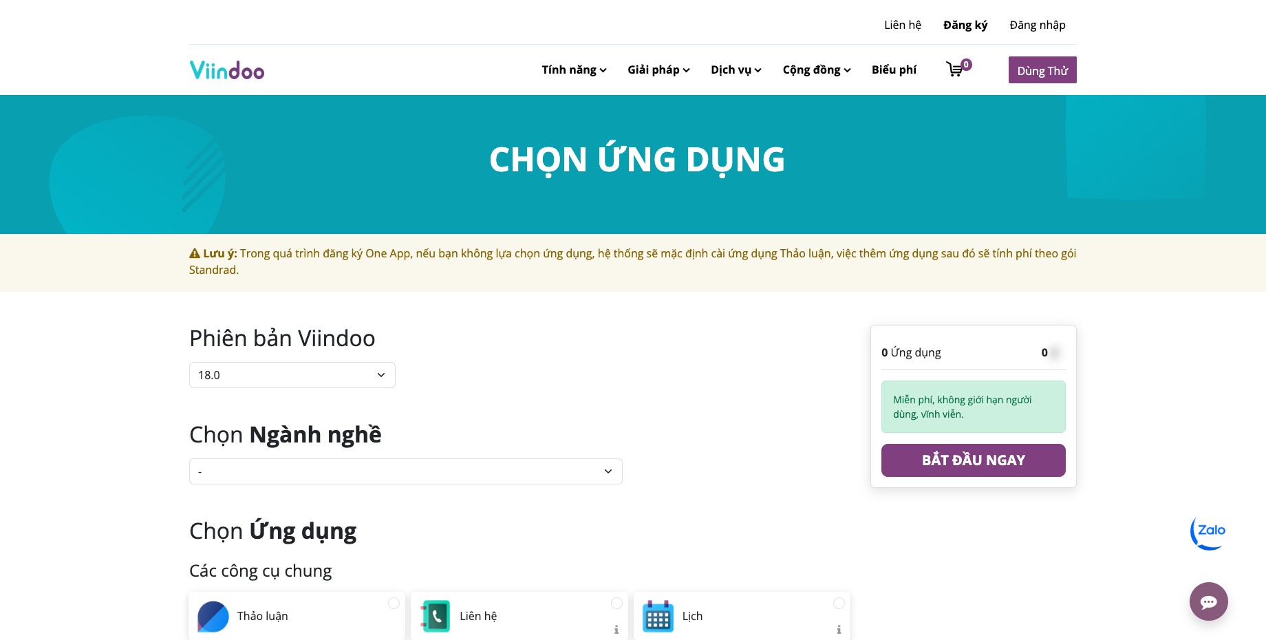 Trang Chọn ứng dụng với phiên bản Viindoo, ngành nghề và các ứng dụng để chọn