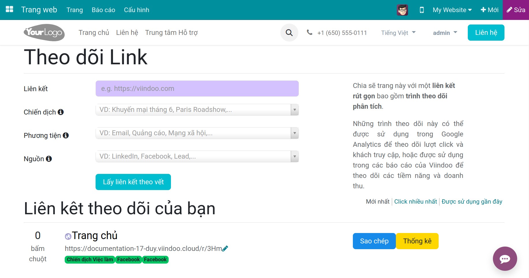 Theo dõi link trên giao diện frontend