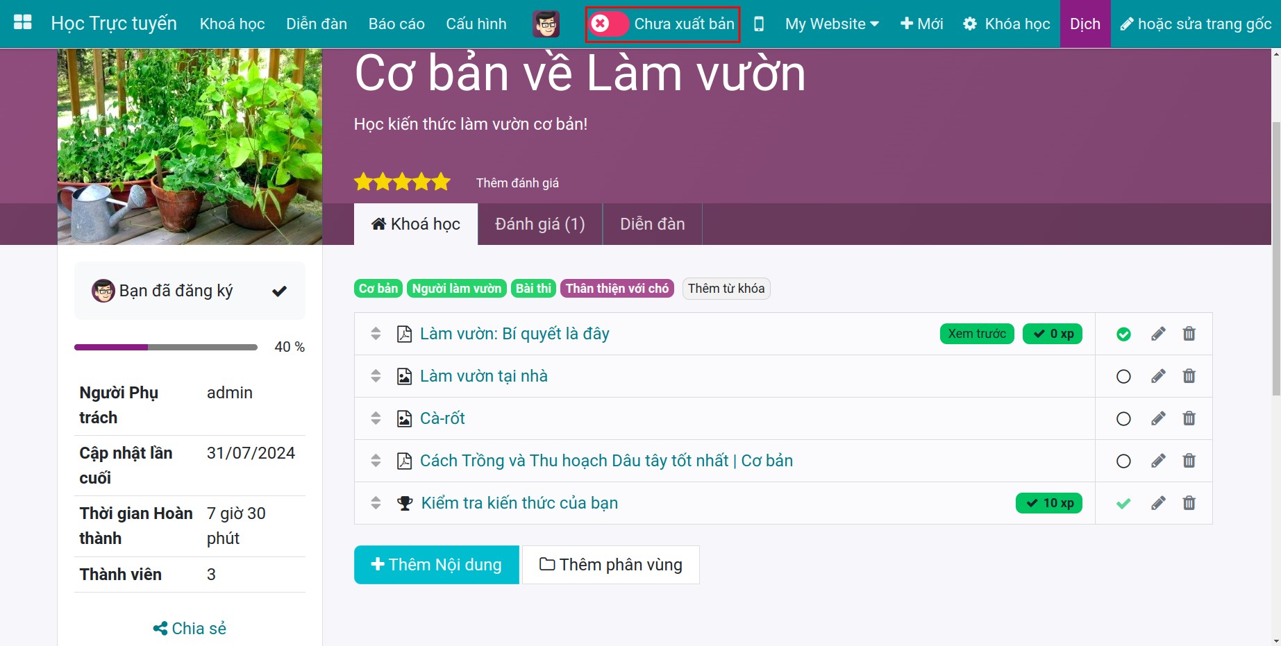 Kích hoạt xuất bản khóa học