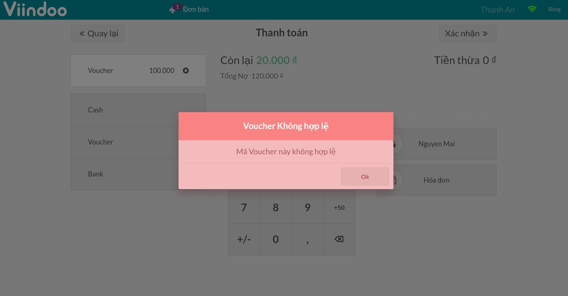 Cảnh báo mã voucher sai