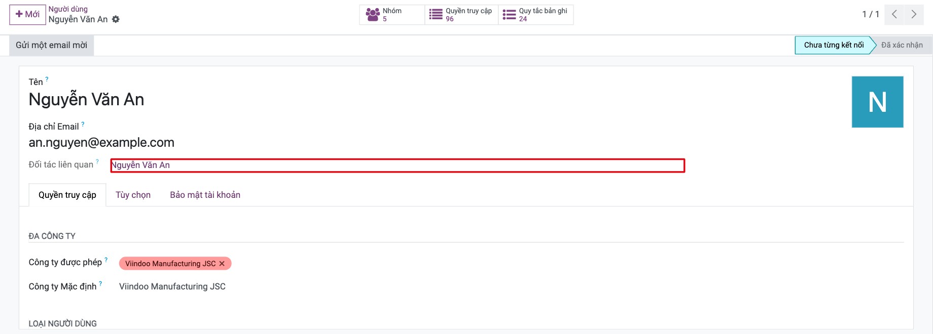 Ô Đối tác liên quan dưới địa chỉ email của người dùng