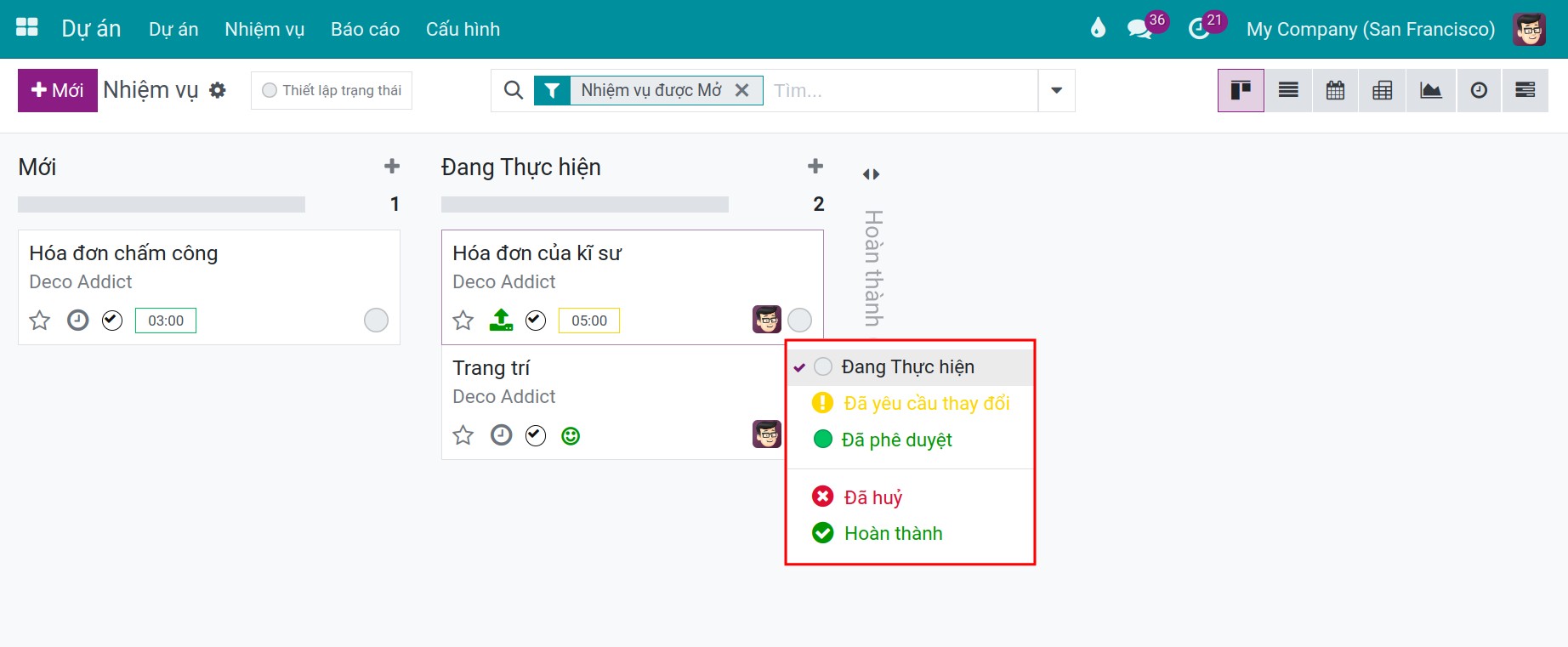 Đổi trạng thái nhiệm vụ Viindoo
