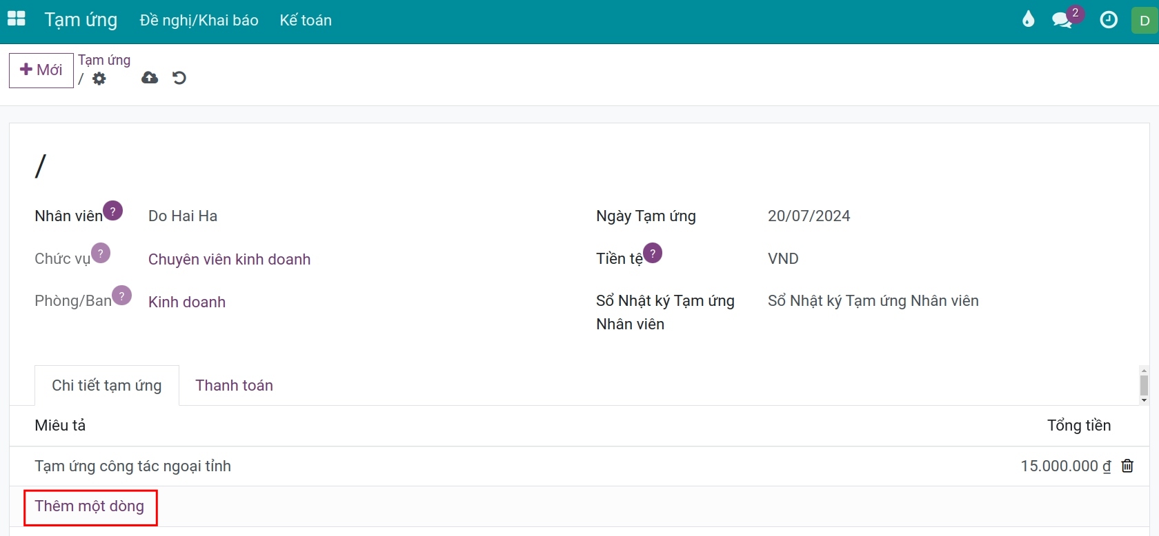Giao diện tạo đề nghị tạm ứng