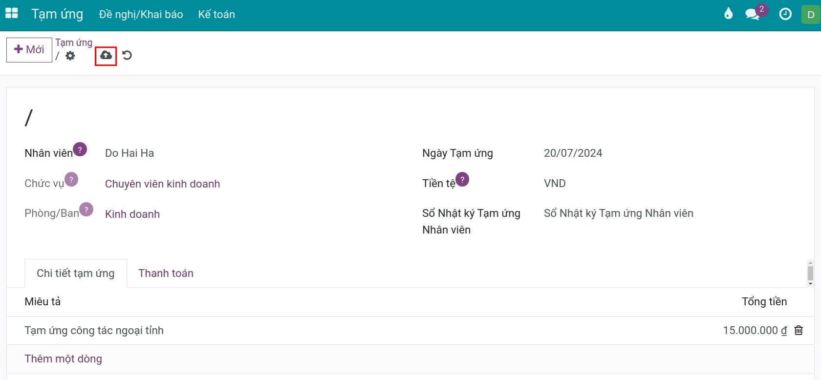 Bấm xác nhận đề nghị tạm ứng
