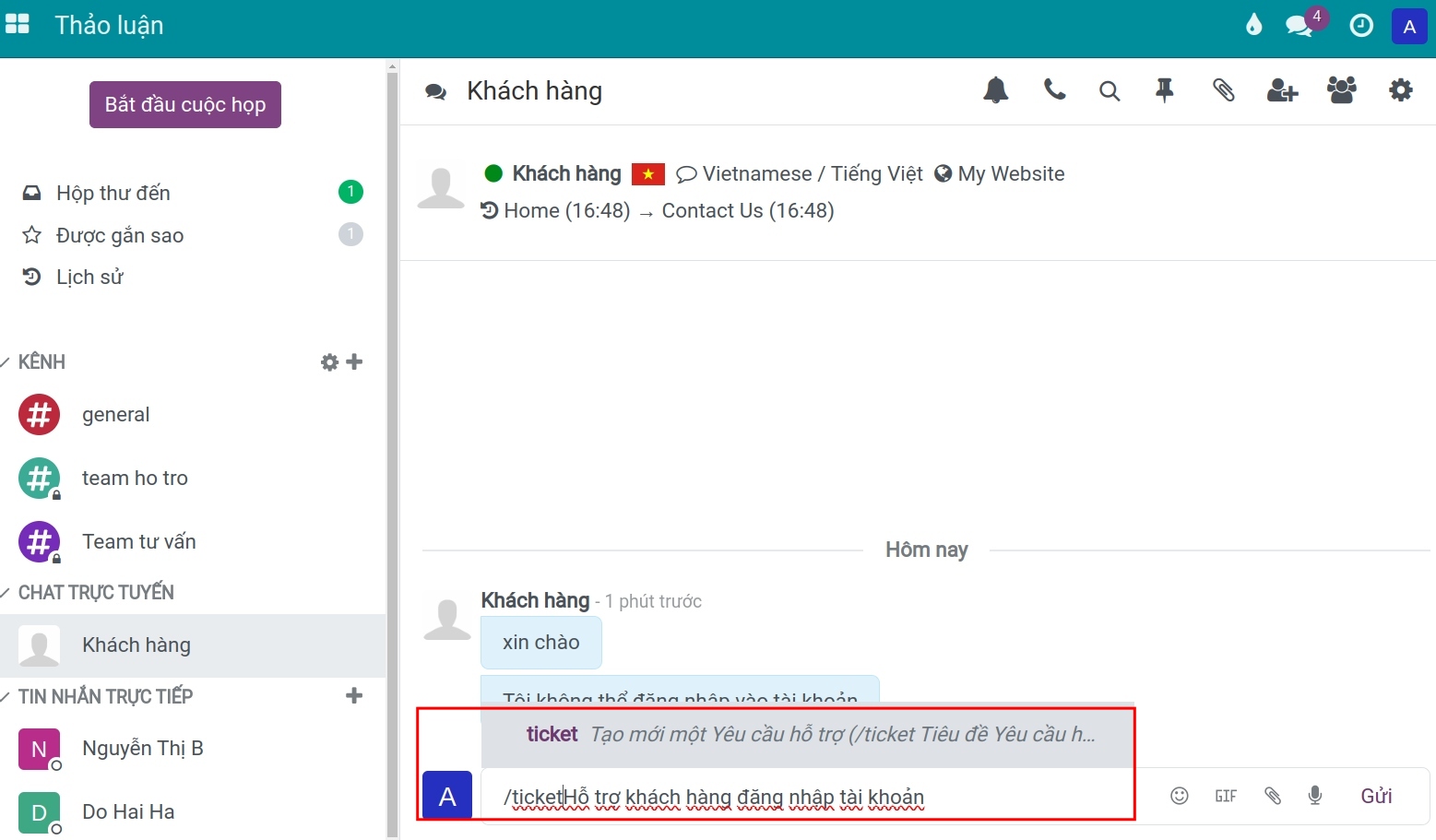 Tạo yêu cầu hỗ trợ từ chat trực tuyến