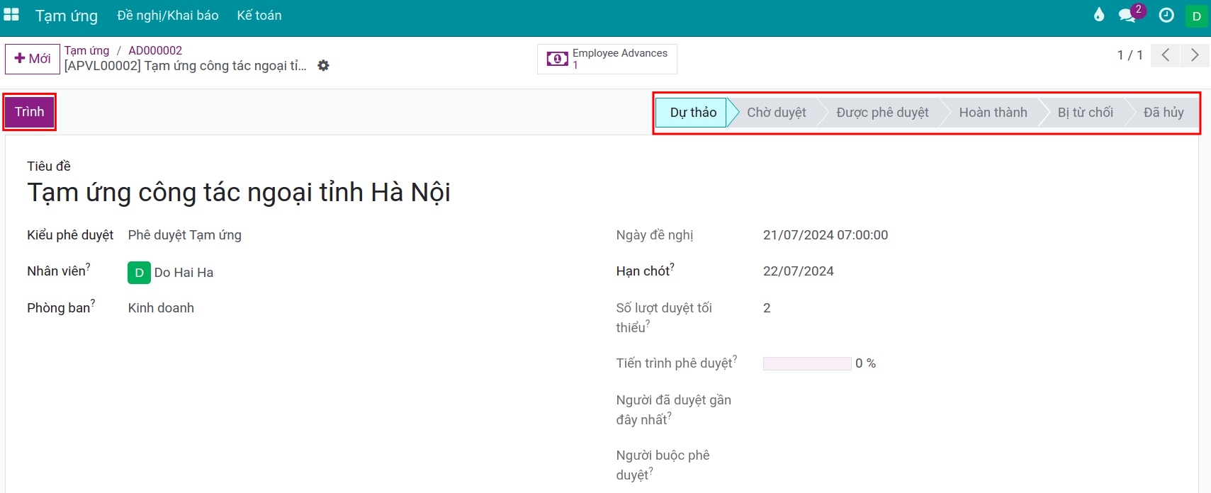 Đề nghị ở trạng thái chờ phê duyệt