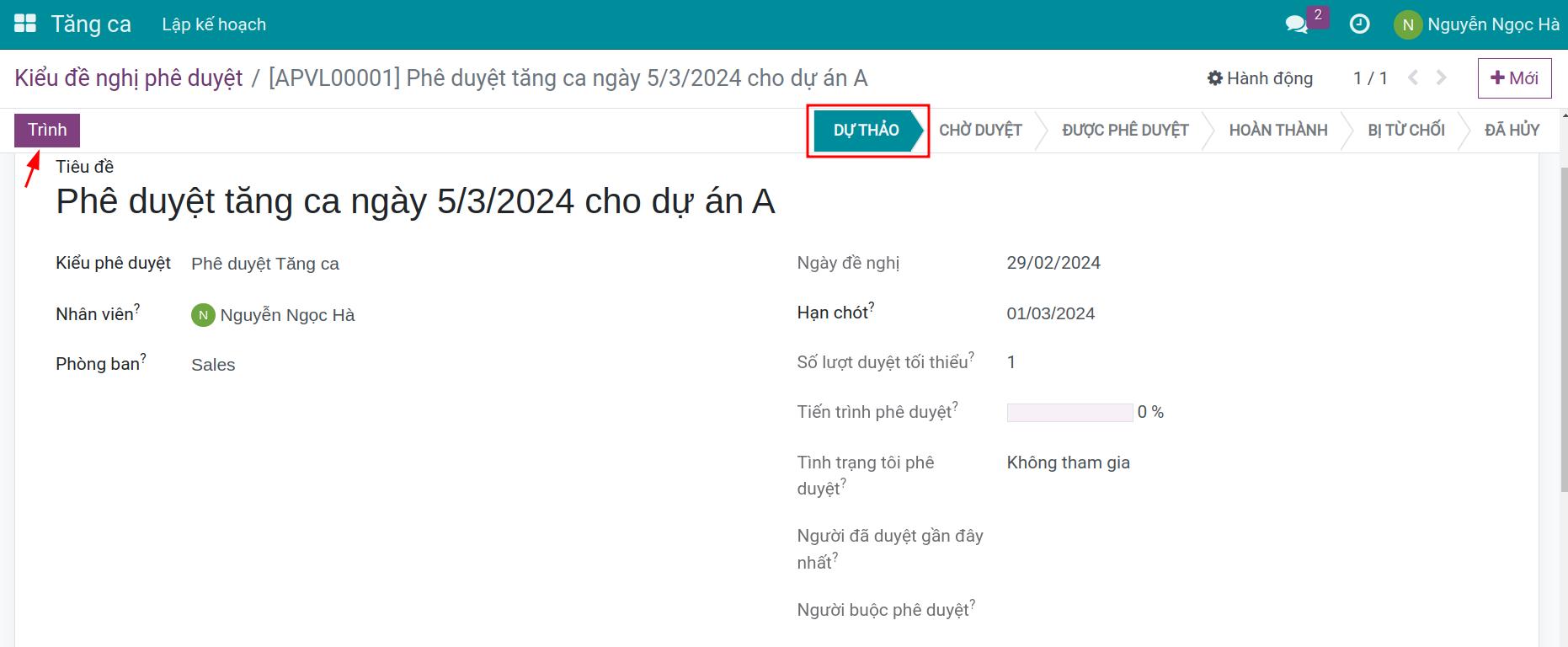 Phiếu đề nghị ở trạng thái Dự thảo